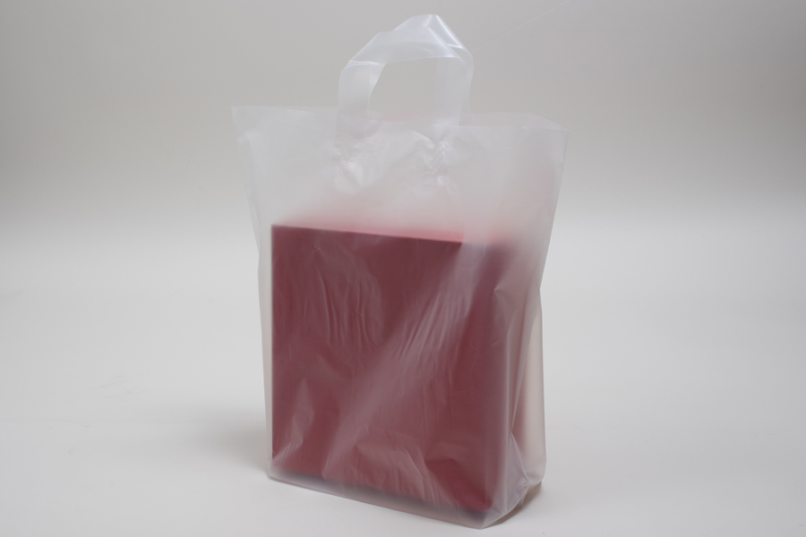 16 x 15 + 6 HOT PINK FROSTED SOFT LOOP HANDLE AMERITOTE PLASTIC BAGS - 2.25  mil