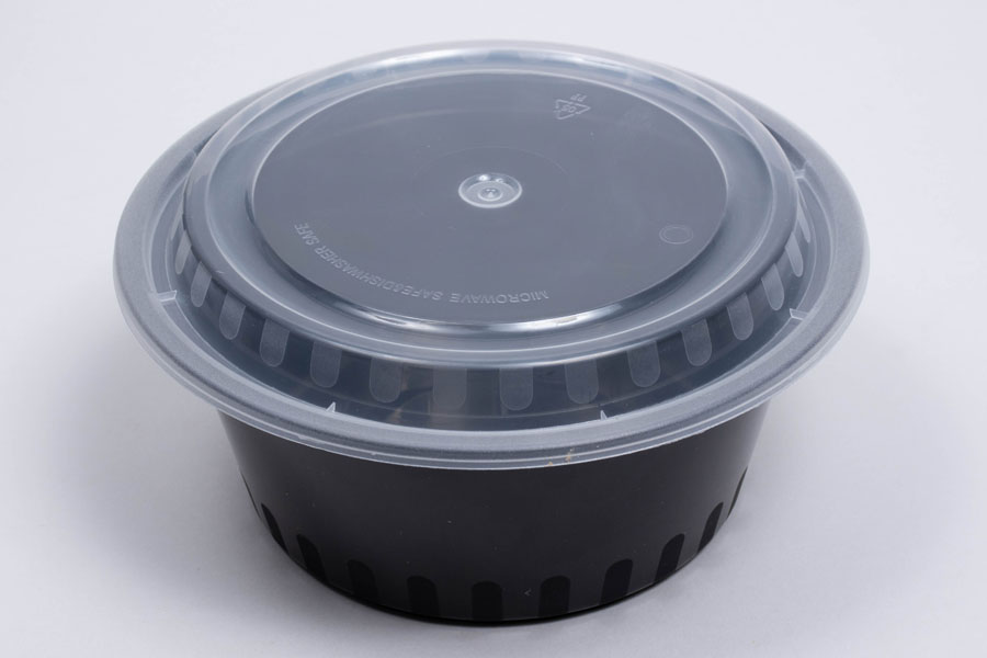 Round Black Plastic Food Takeout Containers with Clear Lids – 7in x 3in –  38oz – 150 per case