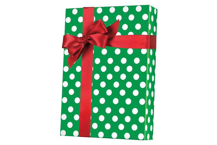 Present, green & white polka dot ribbon, brown wrapping paper