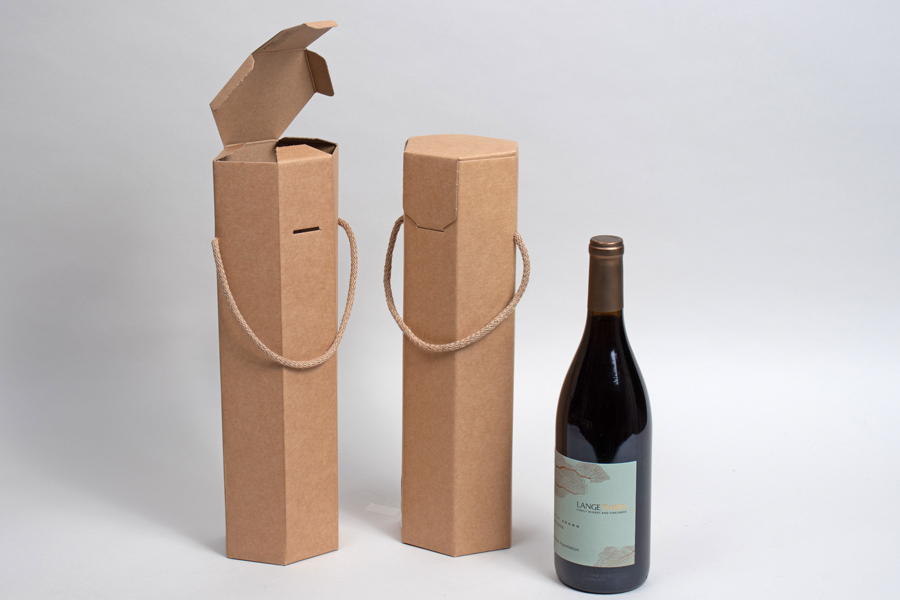 3-3/4 X 3-3/4 X 14” NATURAL KRAFT HEX WINE BOTTLE CARRIERS W/ ROPE HANDLES – 1 (750ML) BOTTLE 