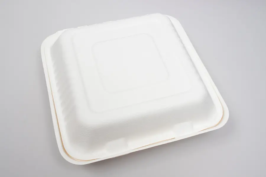 7-7/8 X 8 X 3-1/5 BAGASSE HINGE LID BOX PLA LINED WHITE 3 SECTION