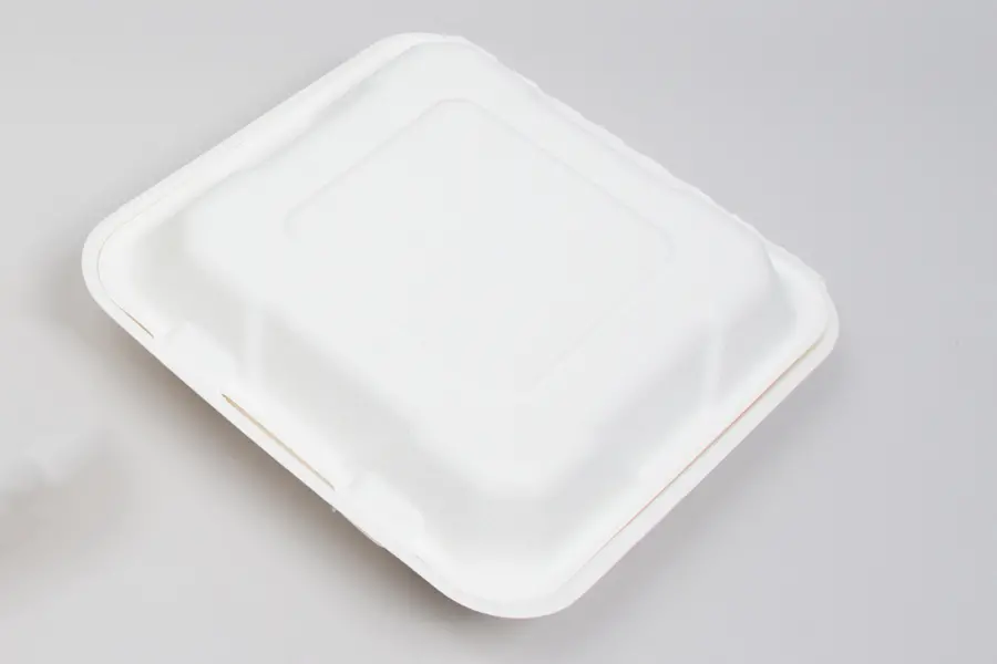 9 X 9 X 3-1/5 BAGASSE HINGE LID BOX PLA LINED WHITE 3 SECTION