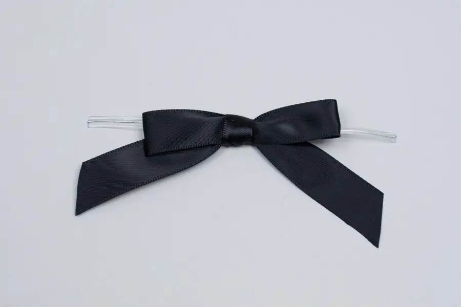 2-1/2" X 2" SATIN BLACK PRE-TIED BOW CLEAR TWIST TIE