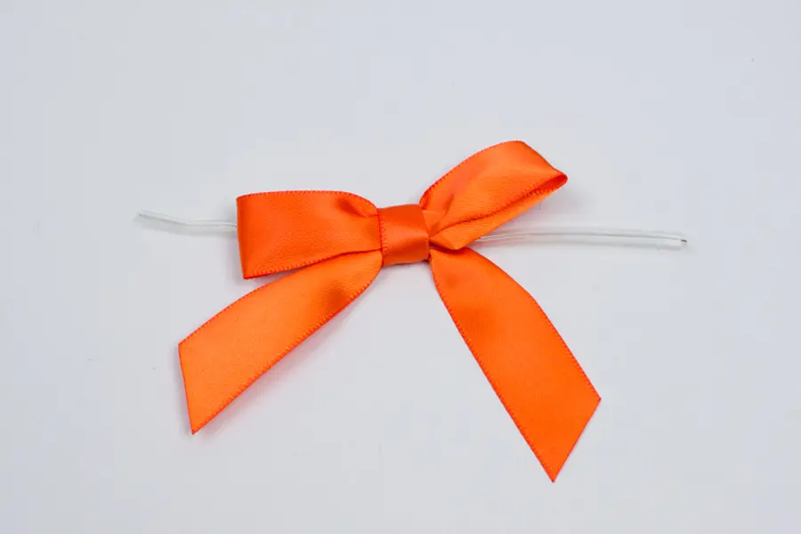 2-1/2" X 2" SATIN ORANGE PRE-TIED BOW CLEAR TWIST TIE