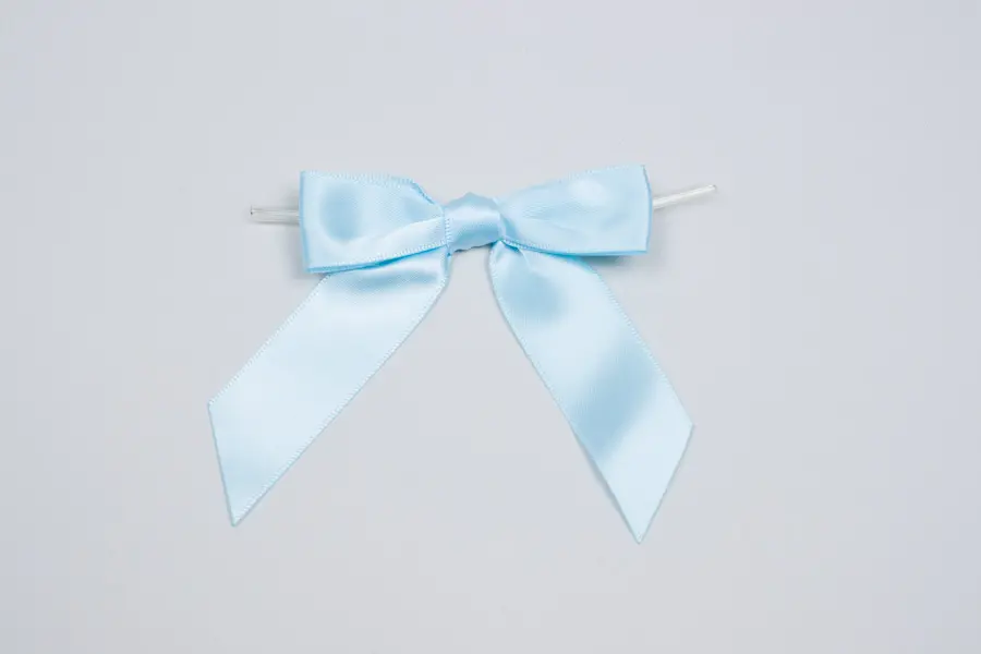 3" X 2-3/4" SATIN LIGHT BLUE PRE-TIED BOW CLEAR TWIST TIE