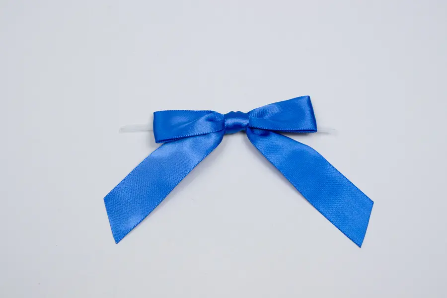 3" X 2-3/4" SATIN ROYAL BLUE PRE-TIED BOW CLEAR TWIST TIE