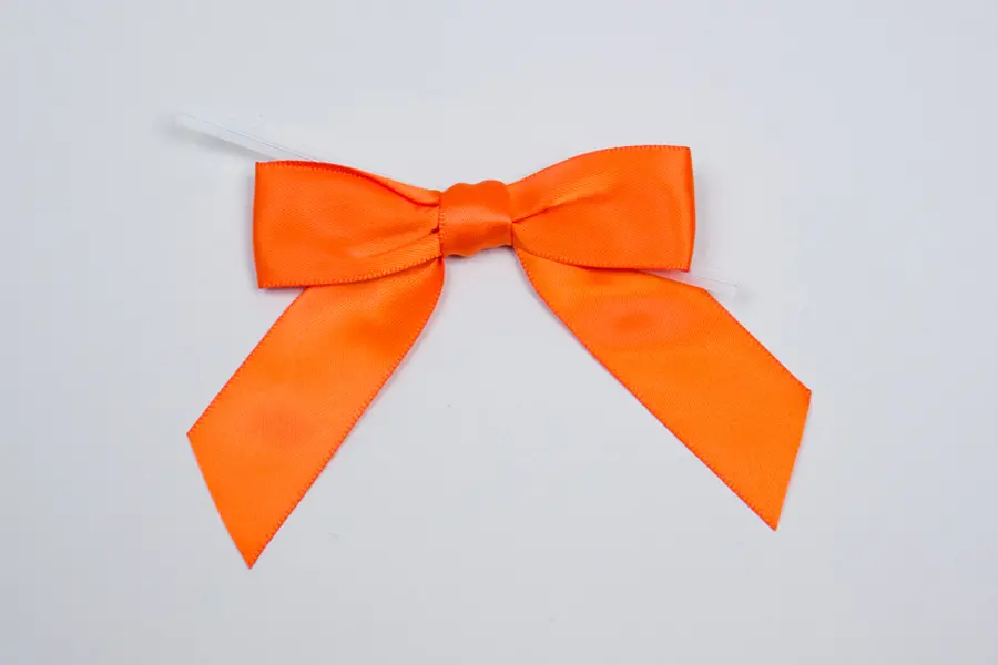 3" X 2-3/4" SATIN ORANGE PRE-TIED BOW CLEAR TWIST TIE