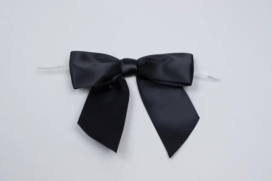 4" X 3-1/4" SATIN BLACK PRE-TIED BOW CLEAR TWIST TIE