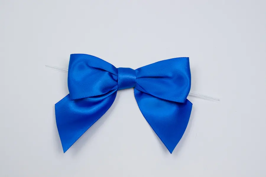 4" X 3-1/4" SATIN ROYAL BLUE PRE-TIED BOW CLEAR TWIST TIE