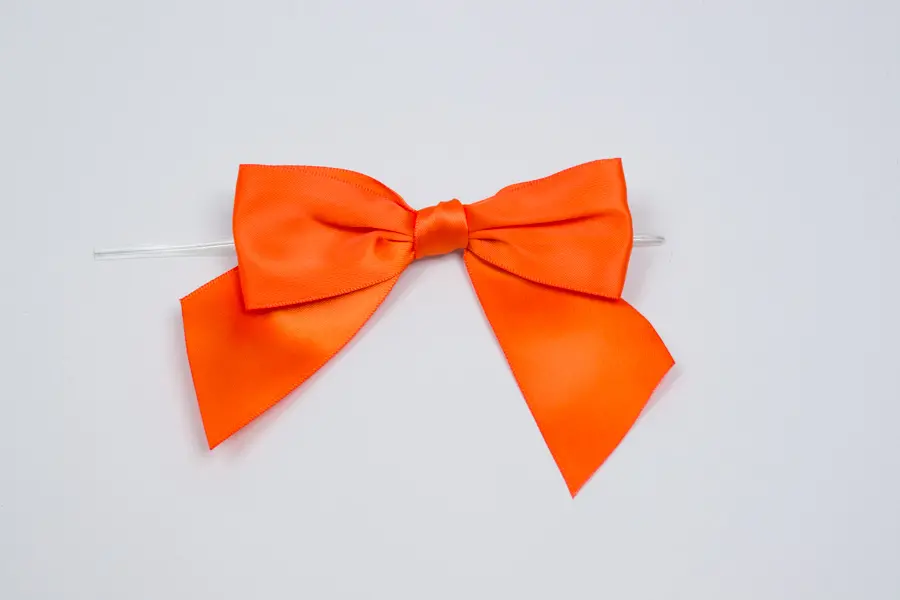 4" X 3-1/4" SATIN ORANGE PRE-TIED BOW CLEAR TWIST TIE