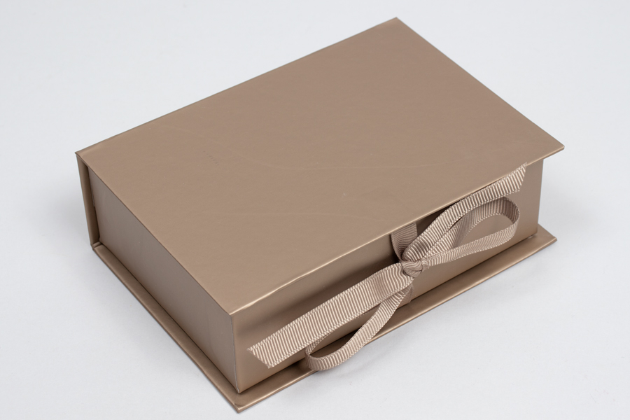 5 x 3-1/2 x 1-1/2 MATTE CHAMPAGNE LUXE JEWELRY BOX WITH MATTE CHAMPAGNE RIBBON