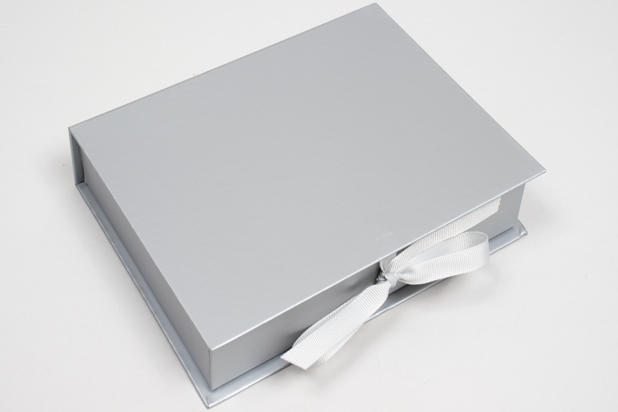 5 x 3-1/2 x 1-1/2 MATTE SILVER LUXE JEWELRY BOX WITH MATTE SILVER RIBBON