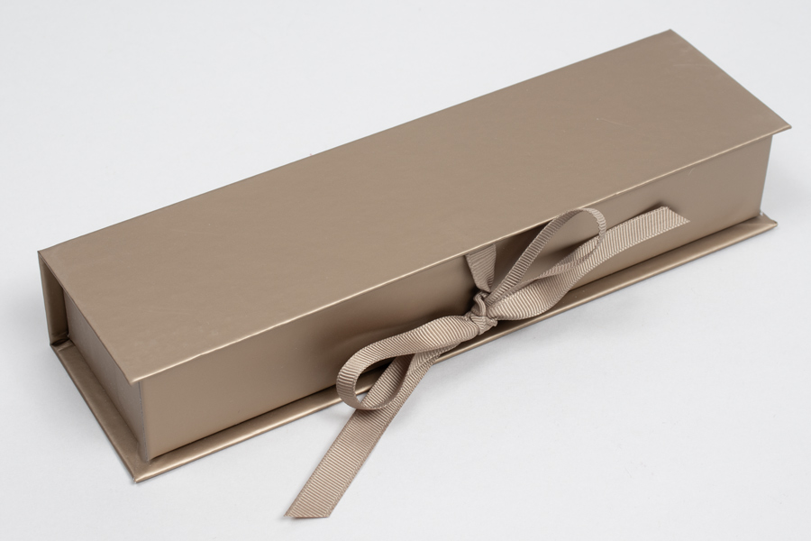 8 x 2 x 1-1/4 MATTE CHAMPAGNE LUXE JEWELRY BOX WITH MATTE CHAMPAGNE RIBBON