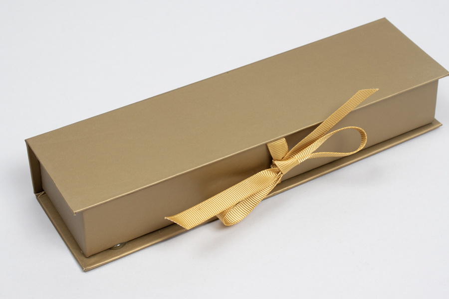 8 x 2 x 1-1/4 MATTE GOLD LUXE JEWELRY BOX WITH MATTE GOLD RIBBON