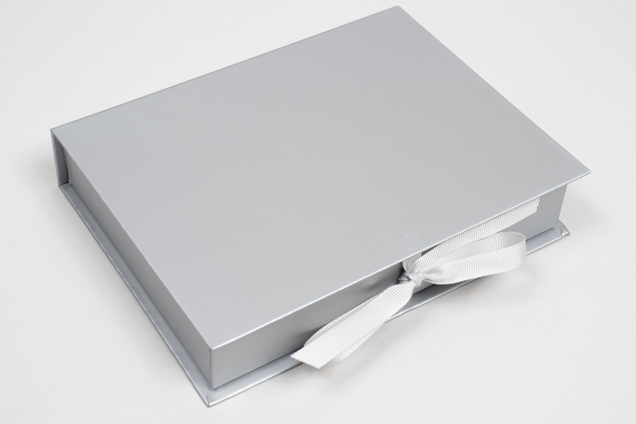 7 x 5-1/2 x 1-1/4 MATTE SILVER LUXE JEWELRY BOX WITH MATTE SILVER RIBBON